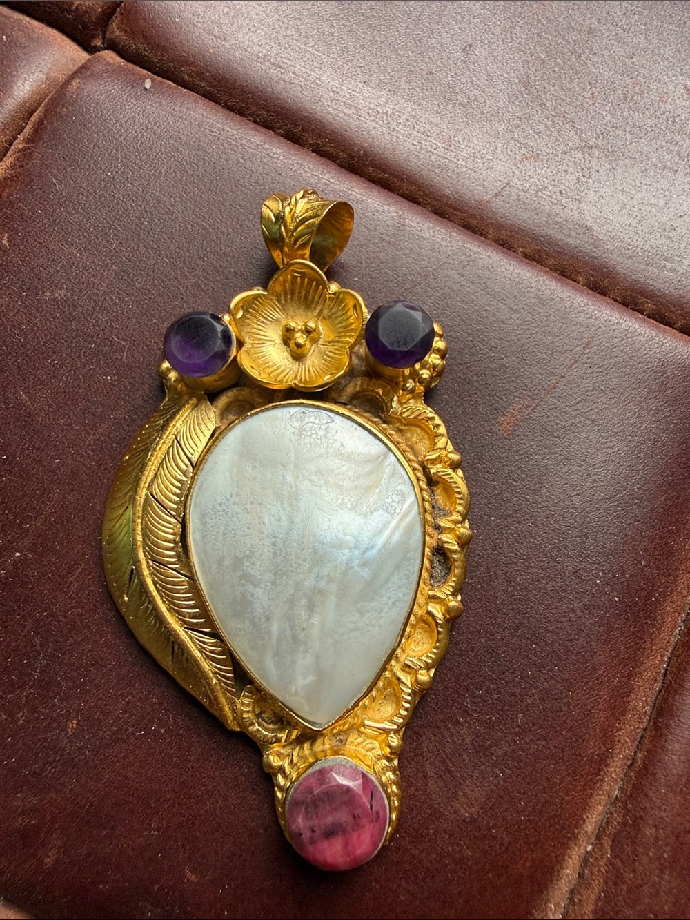Unique Artisan 18k gold overlay Pendant with Mother-of-Pearl, Ruby, Amethyst NWT